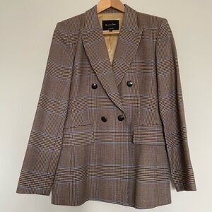 Massimo Dutti Brown Plaid Double-Breasted Wool Blazer